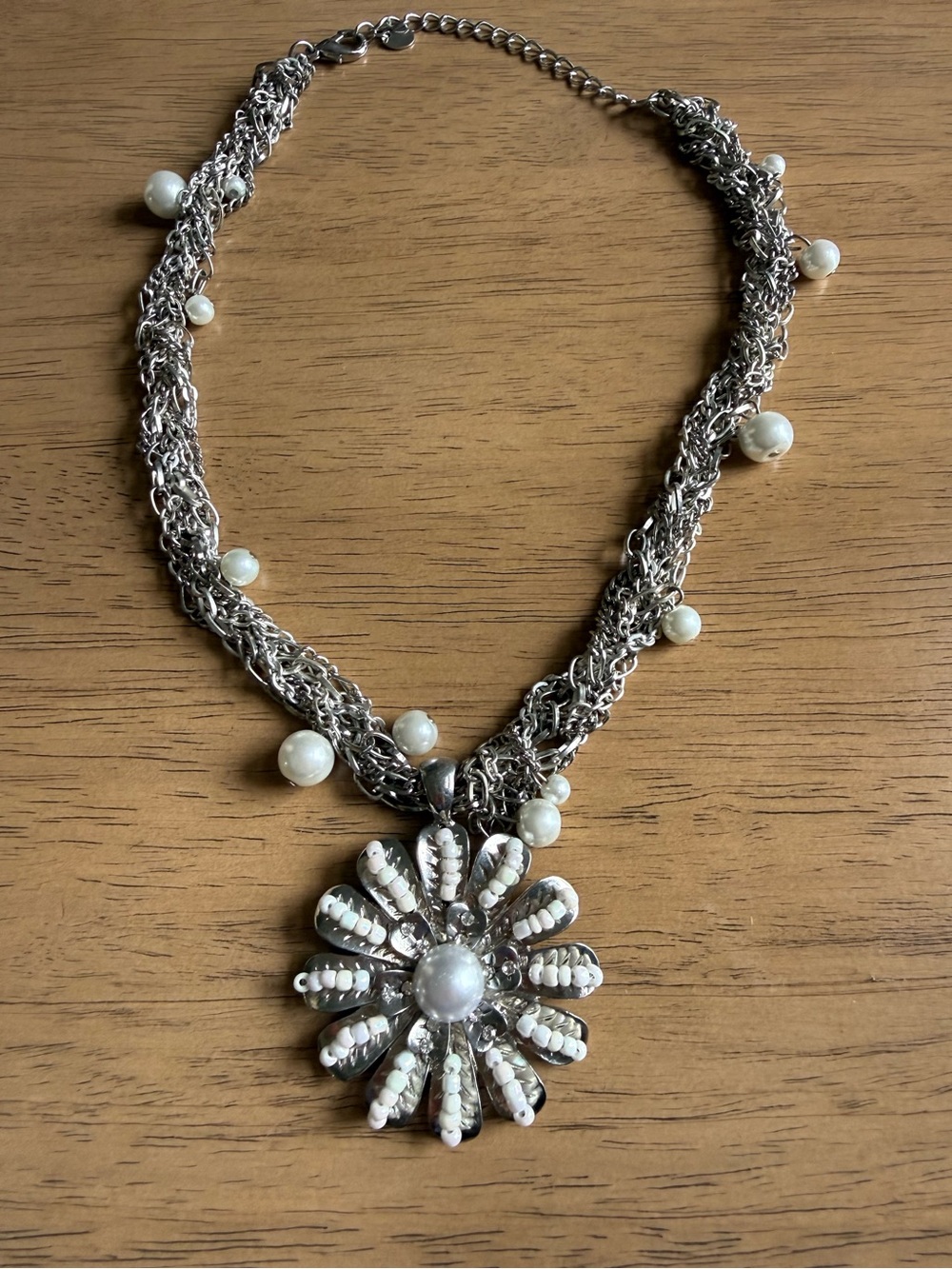 Silver-Pearl Flower Pendant Necklace